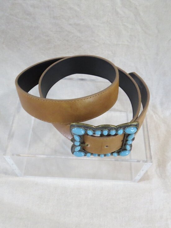 Landes Leather Belt with Faux Turquoise Buckle SIZE XL Tan Brown, Made in Canada main image 8